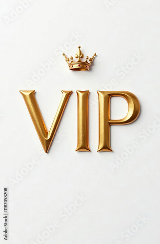 The inscription VIP in gold letters on a white background, premium VIP card with gold elements and crown.
