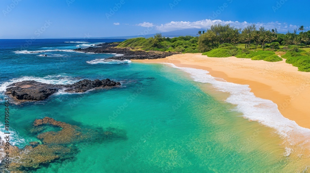 Obraz premium Scenic tropical beach with turquoise water and golden sand