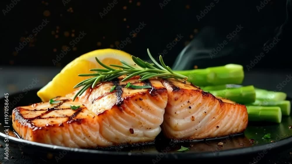 Grilled salmon fillets with asparagus, lemon and rosemary on a black plate with rising steam.
Concept of a healthy meal. Grilled salmon fillets with asparagus, lemon and rosemary on a black plate with rising steam.
Concept of a healthy meal.