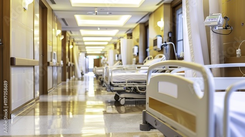 Desolate hospital hallway with empty patient beds and dim lighting, symbolizing financial struggle, closure, and healthcare challenges in modern society.