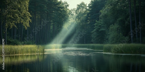 Sunbeams pierce forest, illuminating calm river. Peaceful nature scene, ideal for relaxation