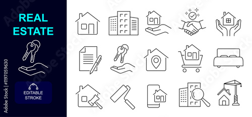 real estate thin line icons. house, key, building, contract, construction, innovation, living room, hand shake, location, searching etc icons. 