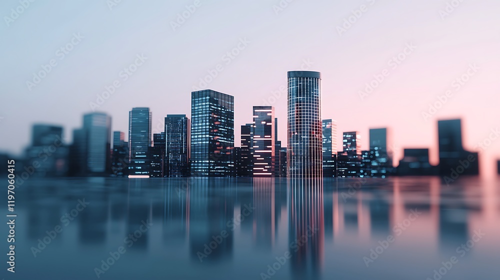 Fototapeta premium A futuristic city skyline at dusk, featuring modern buildings reflected in water, bathed in soft, colorful lights.