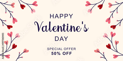 Happy Valentine's Day horizontal banner for sale. Twigs with hearts on the edges. Simple cute greeting card. Vector illustration.