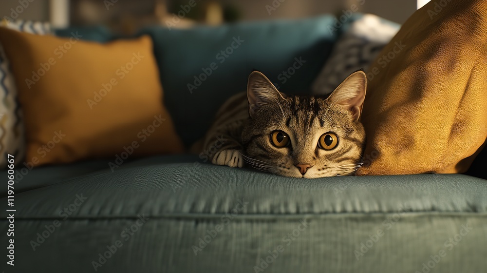 Obraz premium A cat playing hide-and-seek behind furniture, peeking out playfully