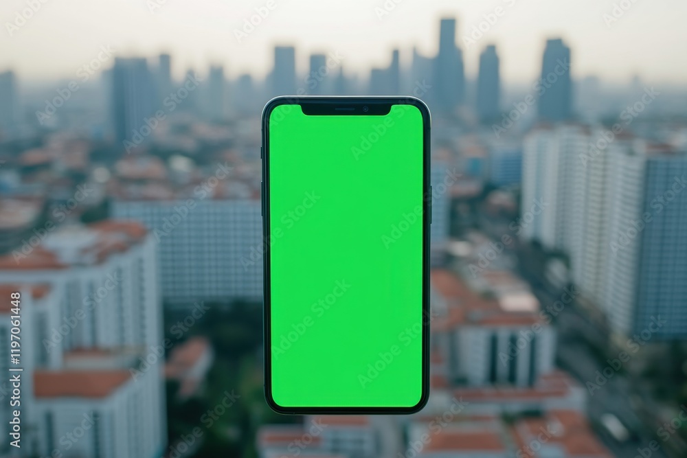 Naklejka premium Mobile phone with a green screen against a cityscape background, capturing intricate details with a touch of abstraction