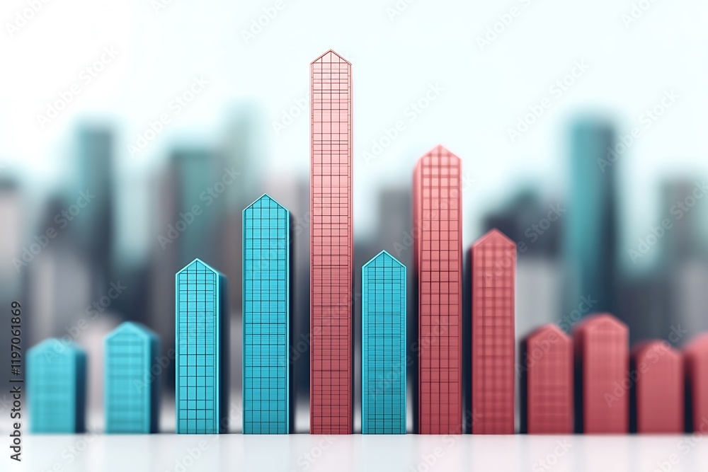 A colorful 3D bar graph displays various heights, symbolizing data comparison against a blurred cityscape background.