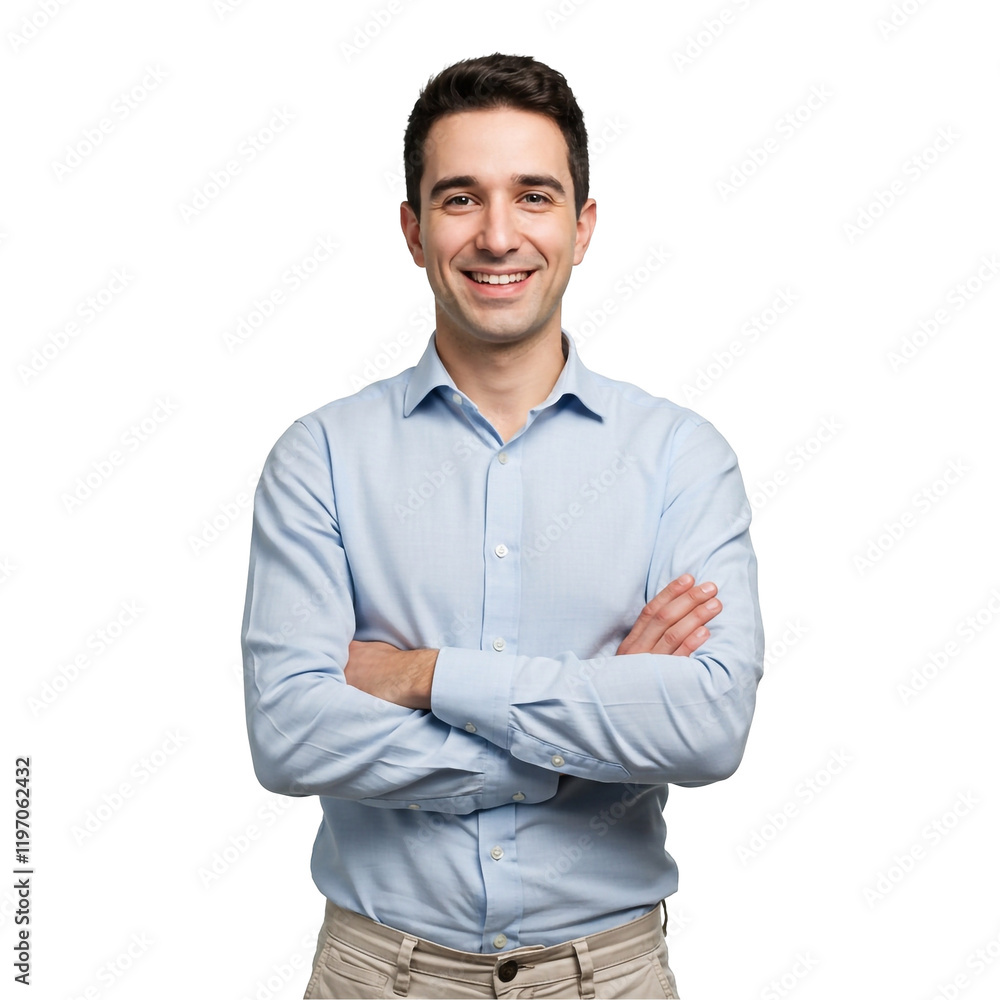 Confident smiling businessman in a blue shirt, standing with his arms crossed. Confident smiling businessman in a blue shirt, standing with his arms crossed.