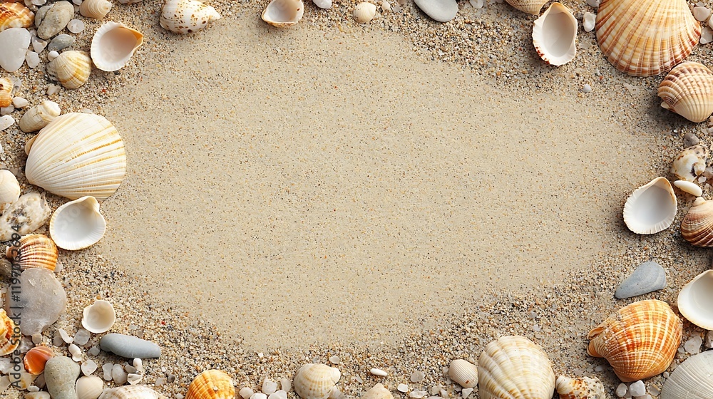 Obraz premium A grainy sand texture with scattered small pebbles and shells 