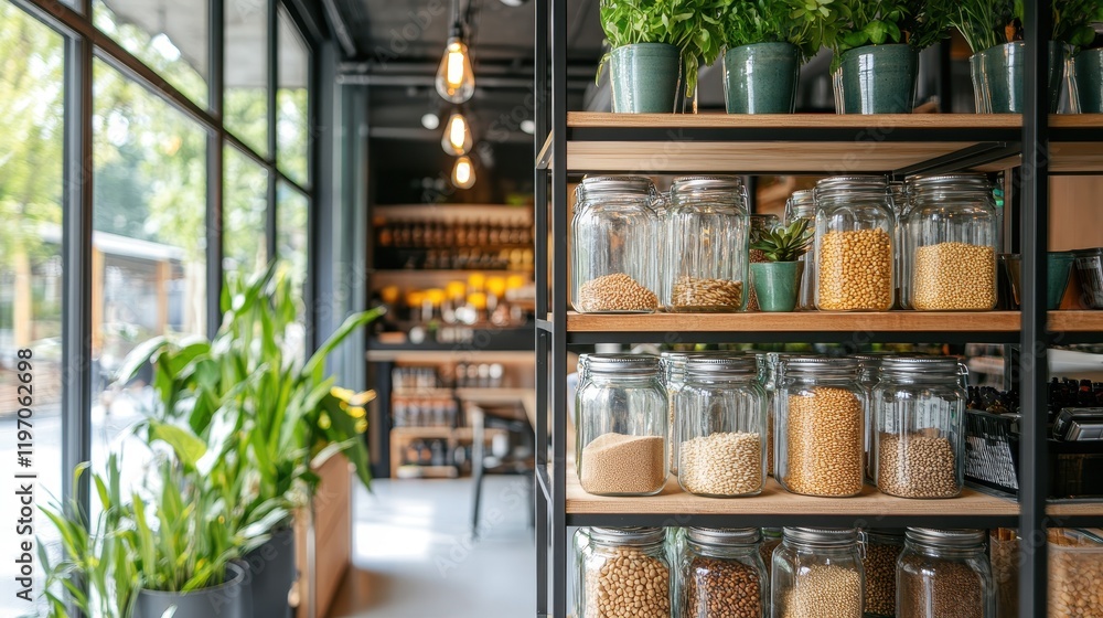 Modern Indoor Plant Store with Shelves and Jars Modern Indoor Plant Store with Shelves and Jars