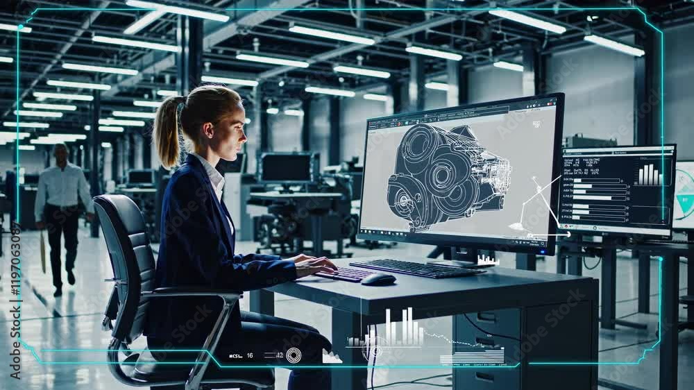 Innovation in engineering showcases a woman designing industrial machinery in a modern workspace Innovation in engineering showcases a woman designing industrial machinery in a modern workspace
