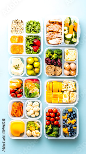 A colorful array of healthy meal prep containers filled with fruits, vegetables, grains, and proteins, neatly organized for balanced nutrition.