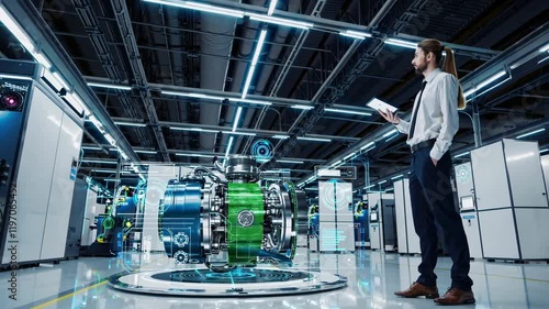 Wallpaper Mural Technician examines engine prototype with advanced monitoring system in a high-tech facility Torontodigital.ca