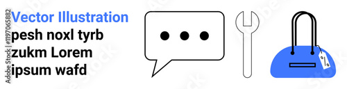 Speech bubble with three dots, wrench, and blue handbag with price tag. Ideal for communication, tools, shopping, retail, discounts maintenance support. Landing page