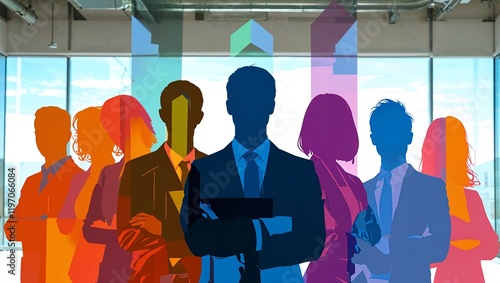 Inclusive business group as silhouettes in rainbow colors