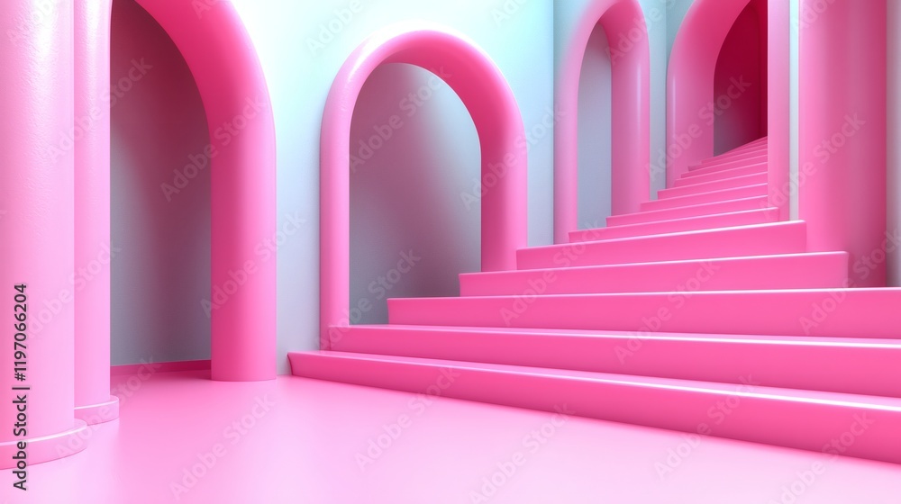 Pink Stairway to Somewhere: A surreal and captivating image of a pink staircase leading up to a series of arched doorways, creating an illusion of depth and mystery, ideal for minimalist design. Pink Stairway to Somewhere: A surreal and captivating image of a pink staircase leading up to a series of arched doorways, creating an illusion of depth and mystery, ideal for minimalist design.