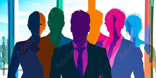 Inclusive business group as silhouettes in rainbow colors