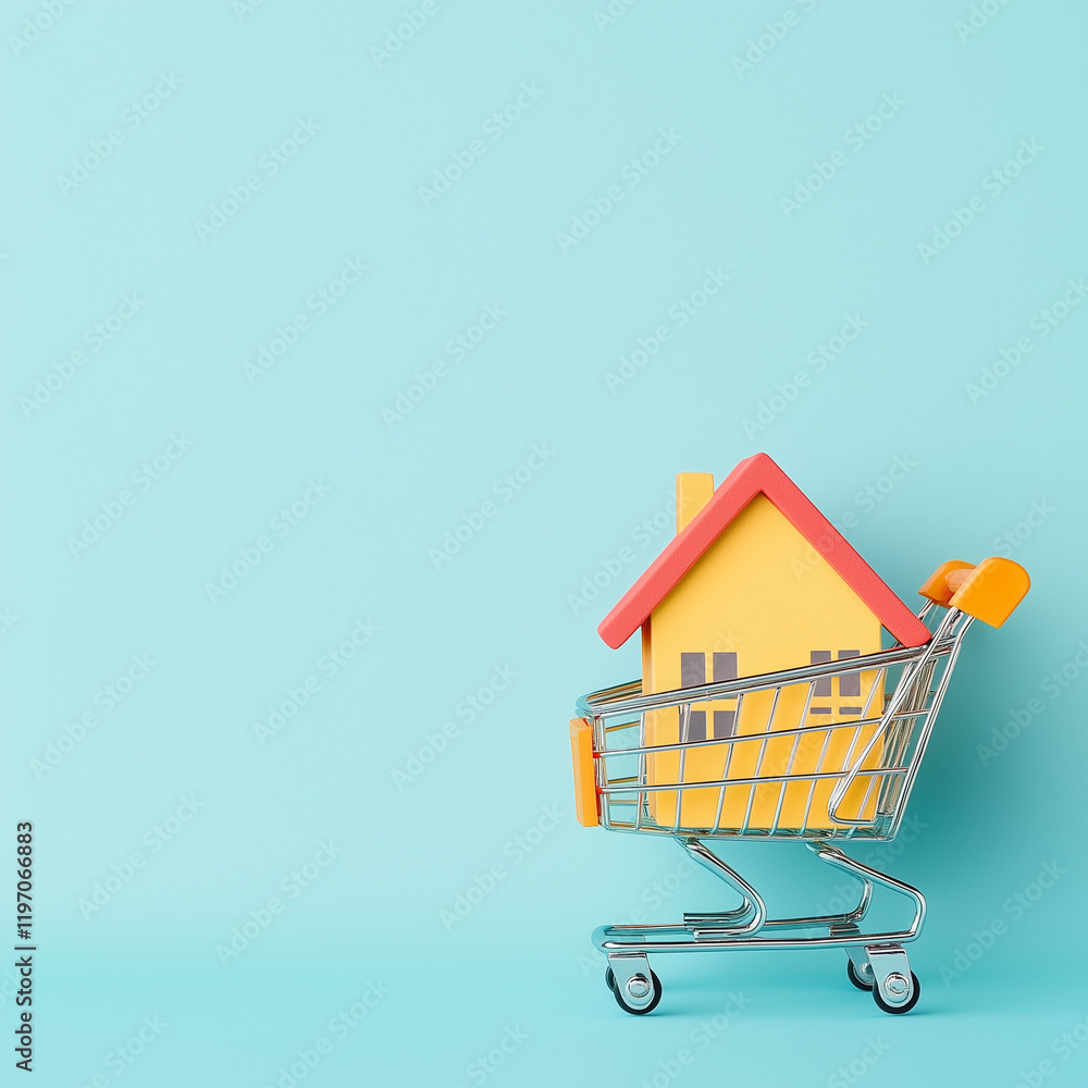 hopping cart containing a small model house, symbolizing mortgages, moving, and finding a new home. Ideal for real estate promotions, financial services, and relocation concepts. hopping cart containing a small model house, symbolizing mortgages, moving, and finding a new home. Ideal for real estate promotions, financial services, and relocation concepts.