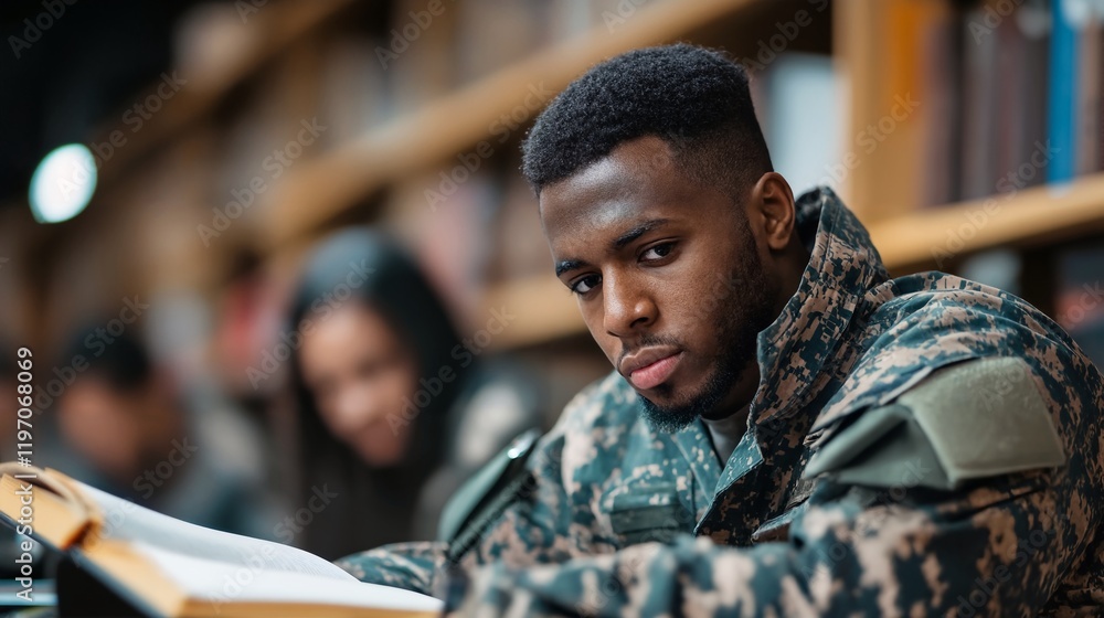 Military student studying in library. Military student studying in library.