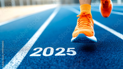 A runner's foot in bright orange shoes strides on a blue track marked with the year 2025, symbolizing speed and future goals. photo