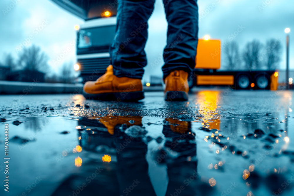 A person stands in puddles with a truck in the background, showcasing orange boots and a moody, overcast atmosphere. A person stands in puddles with a truck in the background, showcasing orange boots and a moody, overcast atmosphere.