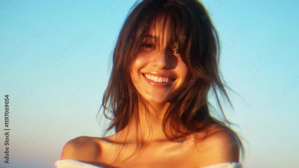 smiling woman in white dress at sunset with windblown hair smiling woman in white dress at sunset with windblown hair