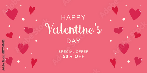 Happy Valentine's Day horizontal banner for sale. Red hearts on the edges. Simple cute greeting card. Vector illustration.
