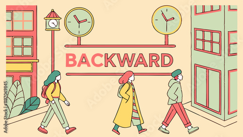 Celebrate National Backward Day with playful, imaginative images featuring reversed city scenes, humorous backward clothing, and creative classroom concepts. vector art playing