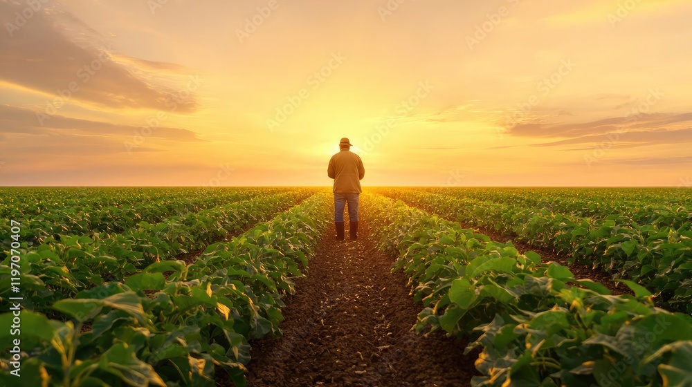 Fototapeta premium Farmer surveys field at sunrise, agriculture, hope