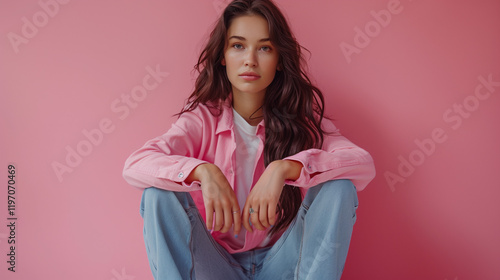 Fashionable student girl in comfortable jeans and shirt, soft pink backdrop. photo