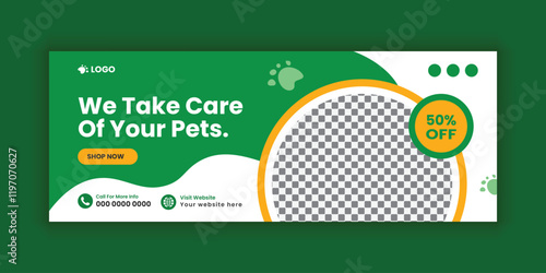 Pet care Facebook cover banner design template or animal healthcare web banner