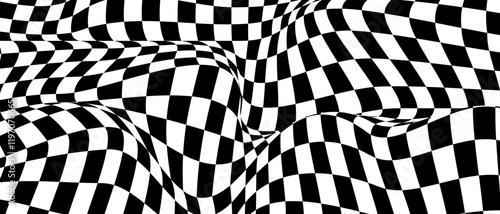 Wavy checkerboard visual distortion illusion. Chess board. Vector illustration.