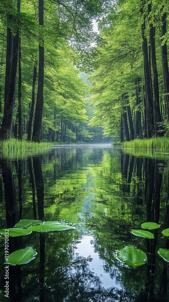 Obraz premium Serene forest river reflection, peaceful morning mist