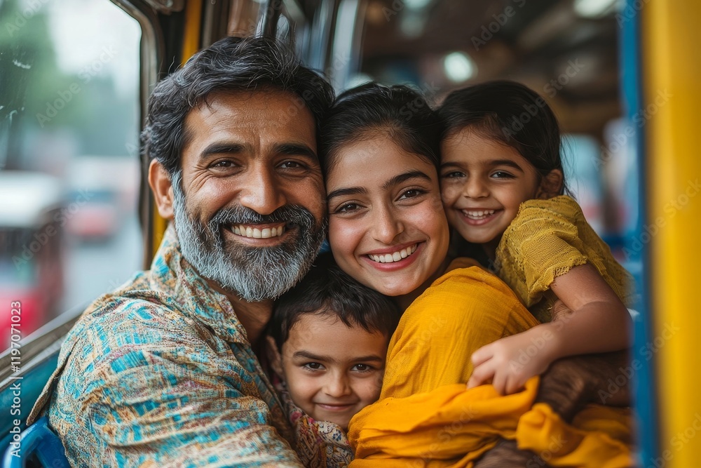 Happy family enjoying in ridding in bus. Generative AI Happy family enjoying in ridding in bus. Generative AI