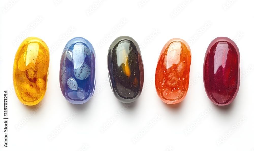Fototapeta premium Colorful Jelly Beans Arranged in a Row on White Background - A Visual Treat for Candy Lovers and Sweet Enthusiasts