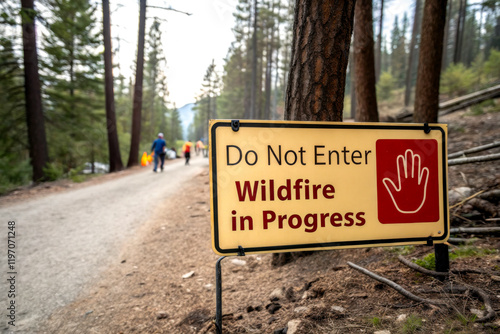 A warning sign indicating the presence of a wildfire, urging people to refrain from entering the area for safety reasons. photo