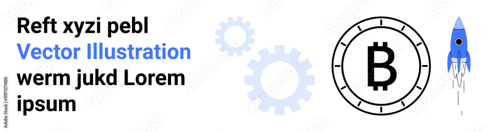 Bitcoin symbol inside a coin, accompanied by rocket and gears. Ideal for cryptocurrency, blockchain technology, digital finance, growth, innovation, startup, fintech. Landing page