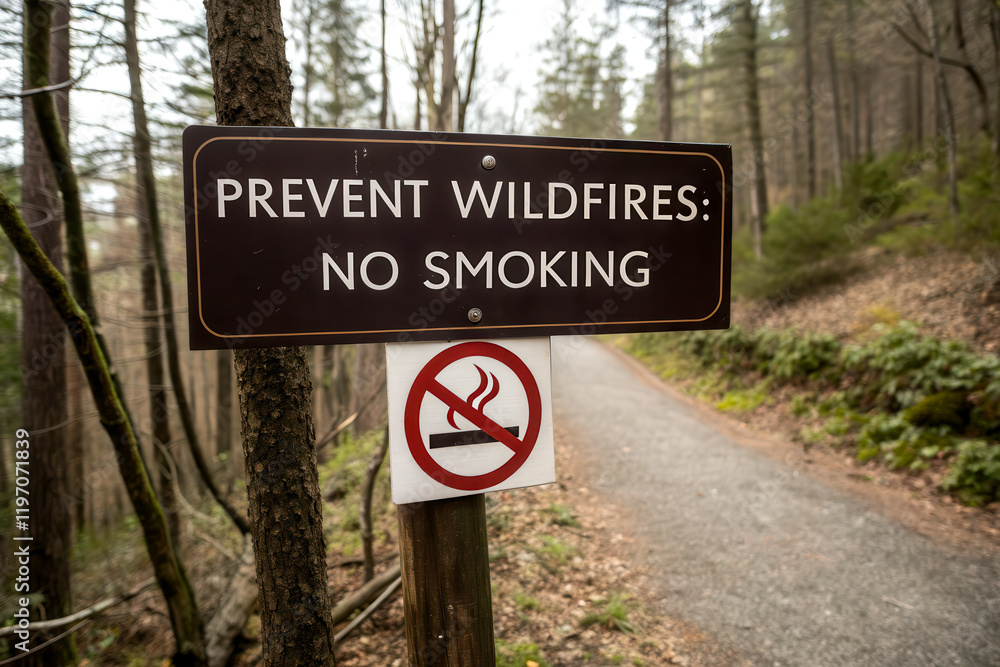 A sign in a forest warns against smoking to prevent wildfires, promoting safety in nature. A sign in a forest warns against smoking to prevent wildfires, promoting safety in nature.