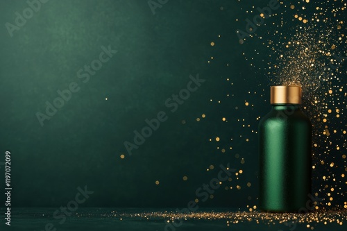 Luxurious green bottle with gold cap amidst sparkling glitter on dark background