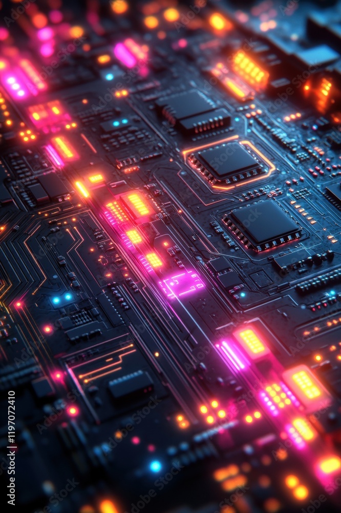 Obraz premium Futuristic neon circuit board with glowing elements and technology connections