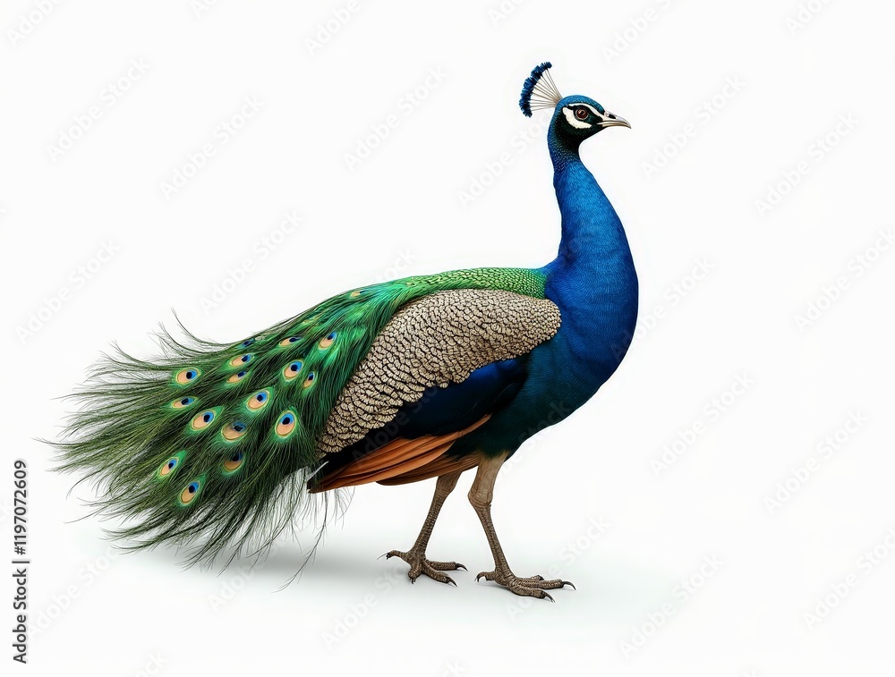 Fototapeta premium Majestic peacock displaying vibrant feathers on a white background in bright light