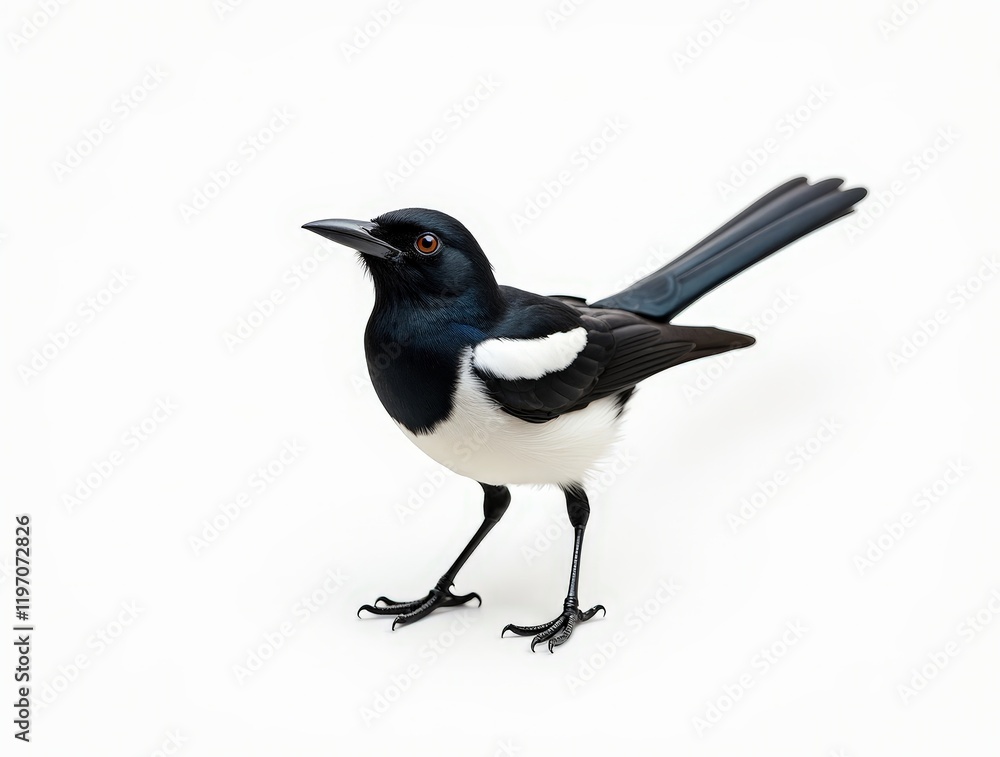 Bird with striking black and white feathers standing attentively on white background. magpie Bird with striking black and white feathers standing attentively on white background. magpie