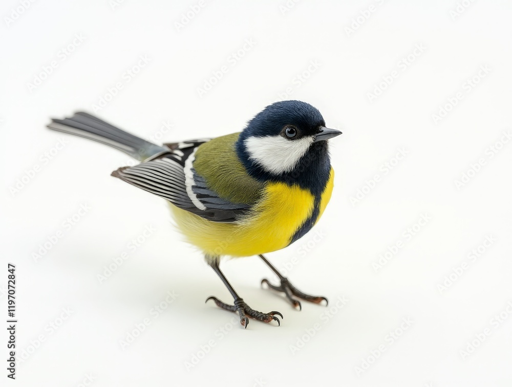 Naklejka premium Bright yellow bird standing on white background showcasing vibrant plumage and natural behavior