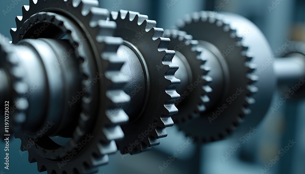 Close-up of interlocking metal gears, showcasing intricate detail and precise engineering. A study in industrial mechanics. Close-up of interlocking metal gears, showcasing intricate detail and precise engineering. A study in industrial mechanics.