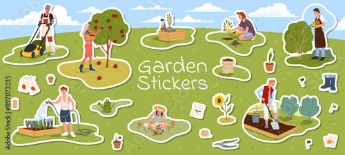 Farmer, gardener and agronomist characters stickers pack. Vector patches feature men and women engaged in gardening activities like harvesting, planting, digging soil, and watering plants in garden