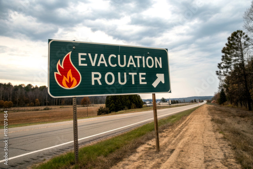 A green road sign indicating an evacuation route with a fire symbol, set against a cloudy sky and a roadside view. photo