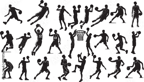 Silhouette of Person Playing Basketball - Vector Set Illustration