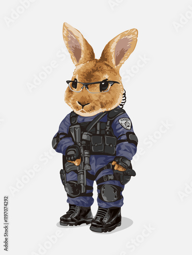 cute cartoon bunny in combat suit vector illustration