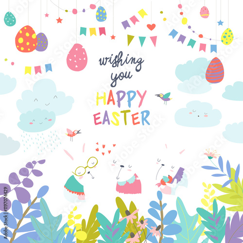 Easter bunnies and easter egg. Vector illustration