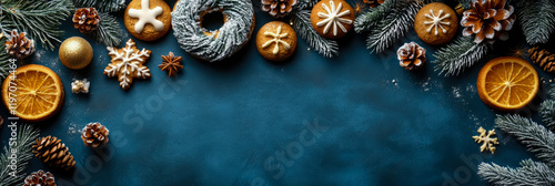 Wallpaper Mural Festive Holiday Season: Blue Background with Gingerbread Cookies, Pine Cones, and Citrus Slices Torontodigital.ca
